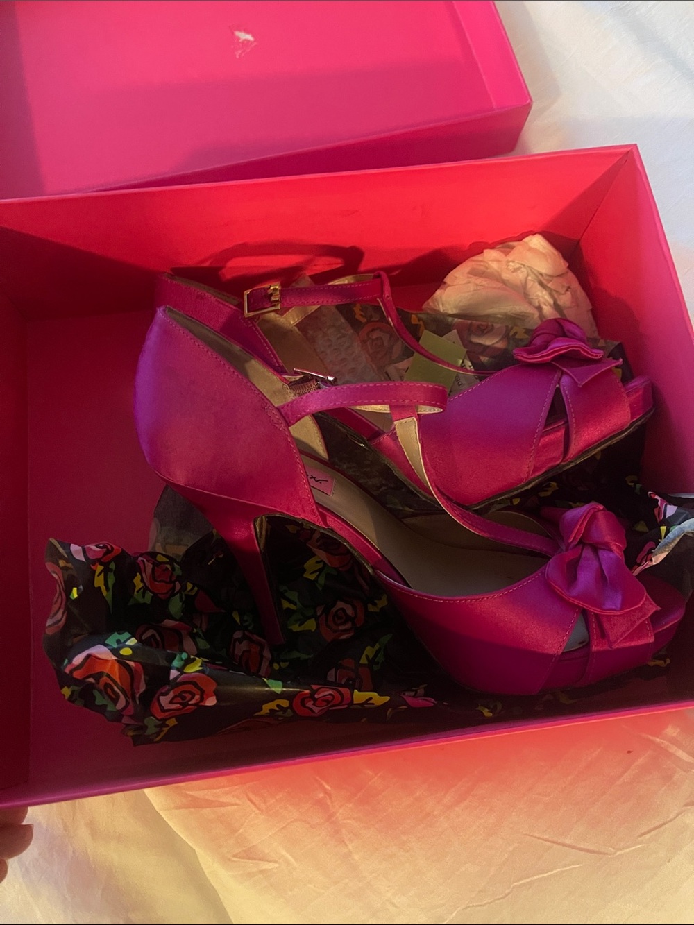 Betsey Johnson Hot Pink Satin Peep-Toe Heels with Bow